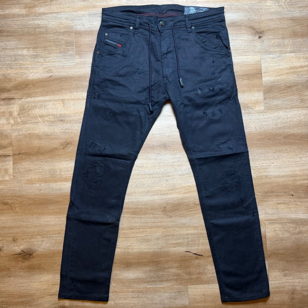 Diesel Krooley JoggJeans Mens 28 Black Coated Distressed Slim Tapered Hyrbid